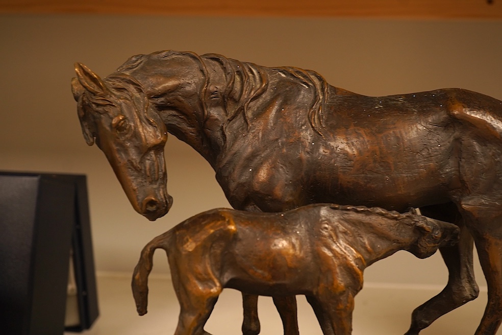 After C. Fratin, bronze study of a horse and foal, signed, on marble plinth, 29cm wide